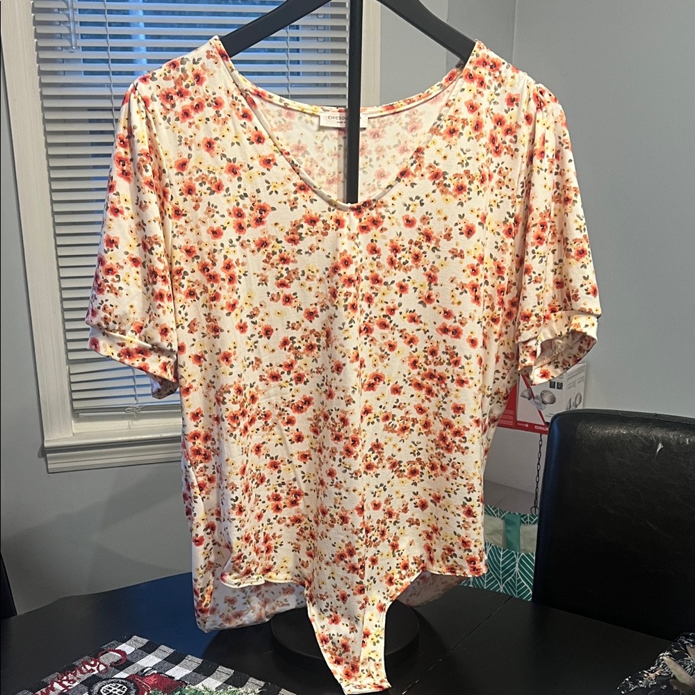 Chic Soul Floral V-Neck Bodysuit in Pink and White 2XL